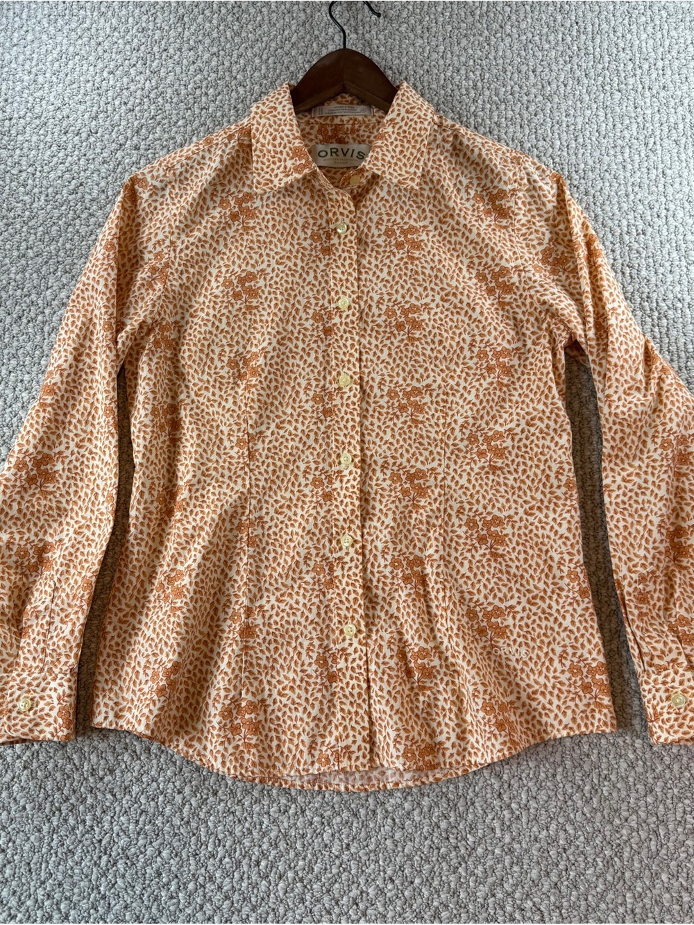 ORVIS Orange Beige Ditsy Floral leaf Button Down Long Sleeve Blouse Shirt Size 8